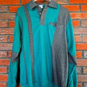 Vintage Haband Long sleeve casual joe mixed-knit teal fleece polo shirt